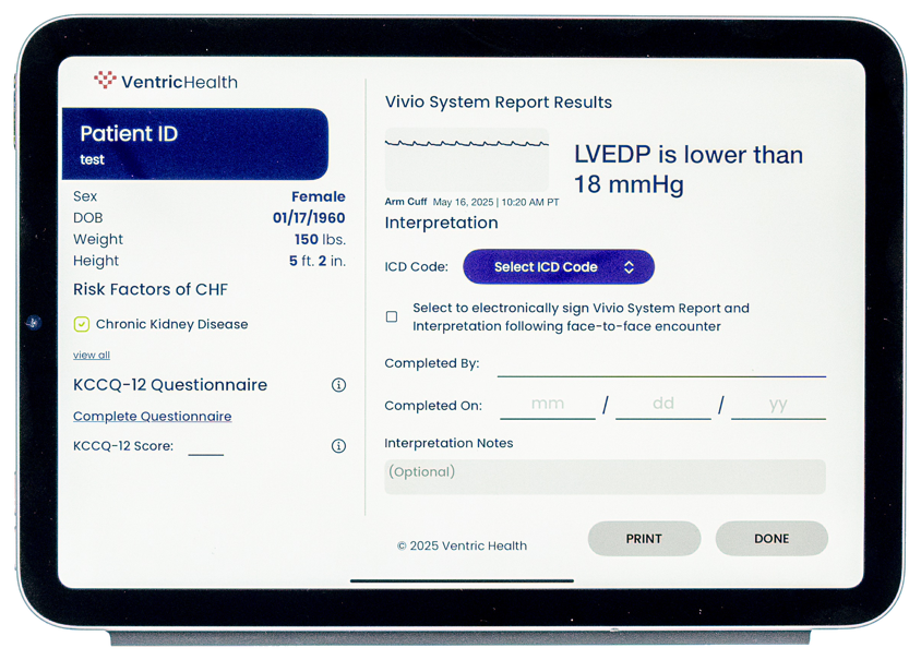 The Vivio System tablet showing an LVEDP results screen