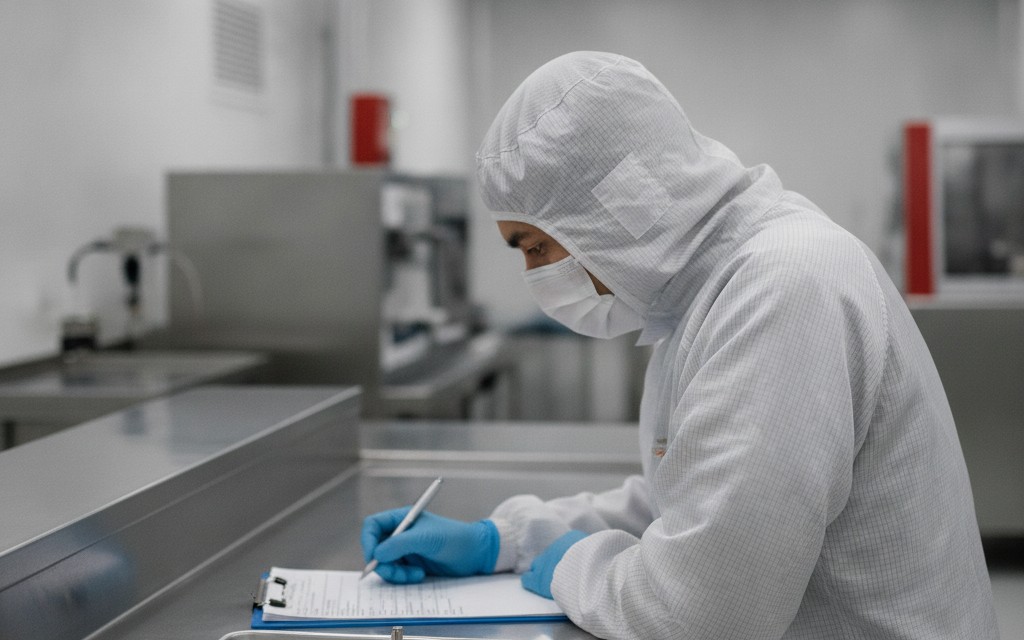 Cleanroom technician recording a production record at a stainless-steel workstation