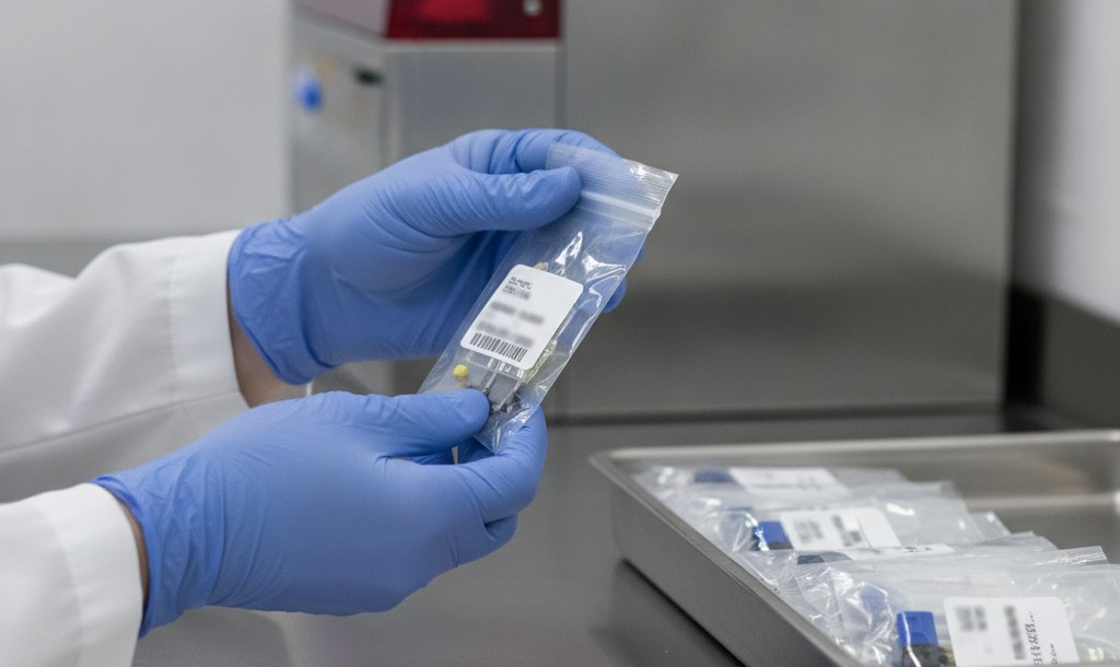 Operator checking the lot and barcode label on a medical device component, linking each unit to its records