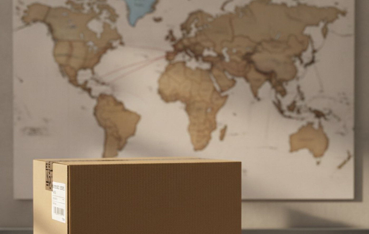 A medical device shipping box in front of a world map, representing local, domestic, and overseas manufacturing options